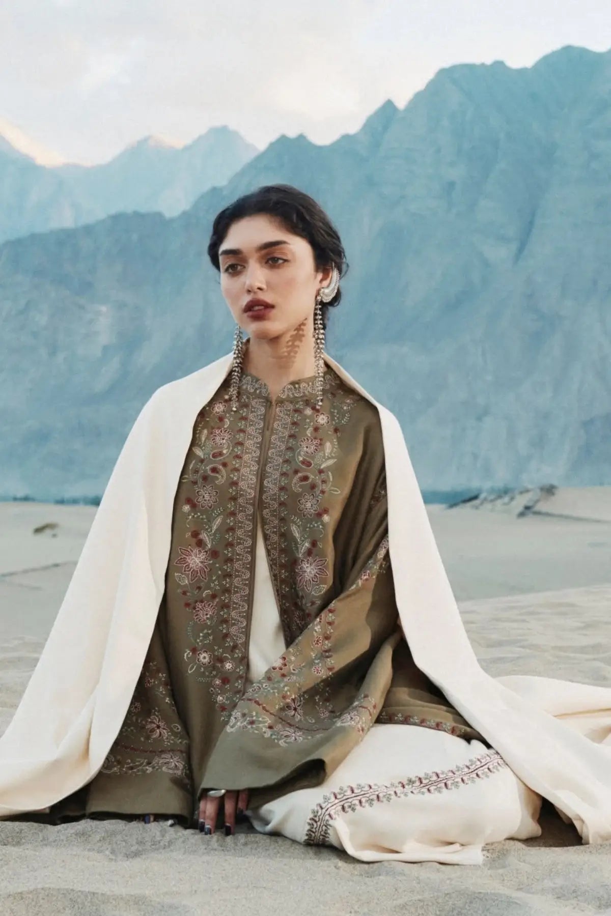 Zara Shahjahan Chinar D2 army green embroidered marina stitched winter 3PC suit with ivory shawl from Saraab Winter 2026