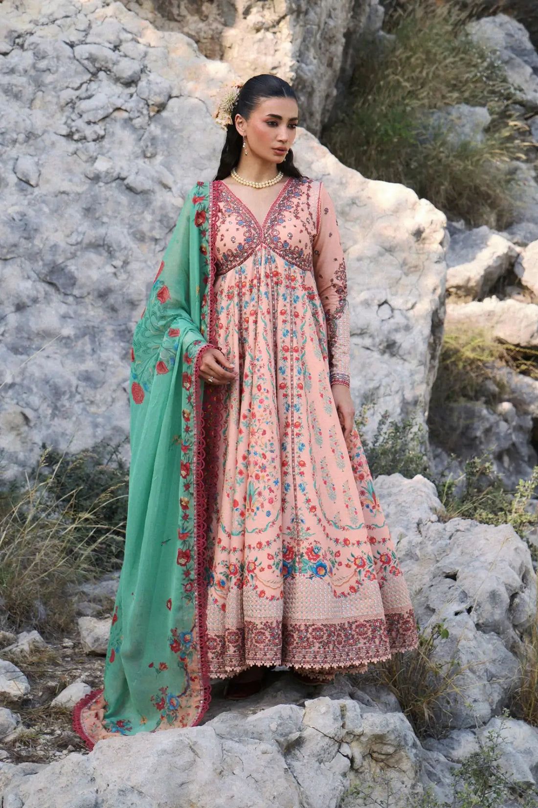 Chitlali Peach Lawn Pishwas with Churidar by Hussain Rehar featuring a printed chiffon dupatta