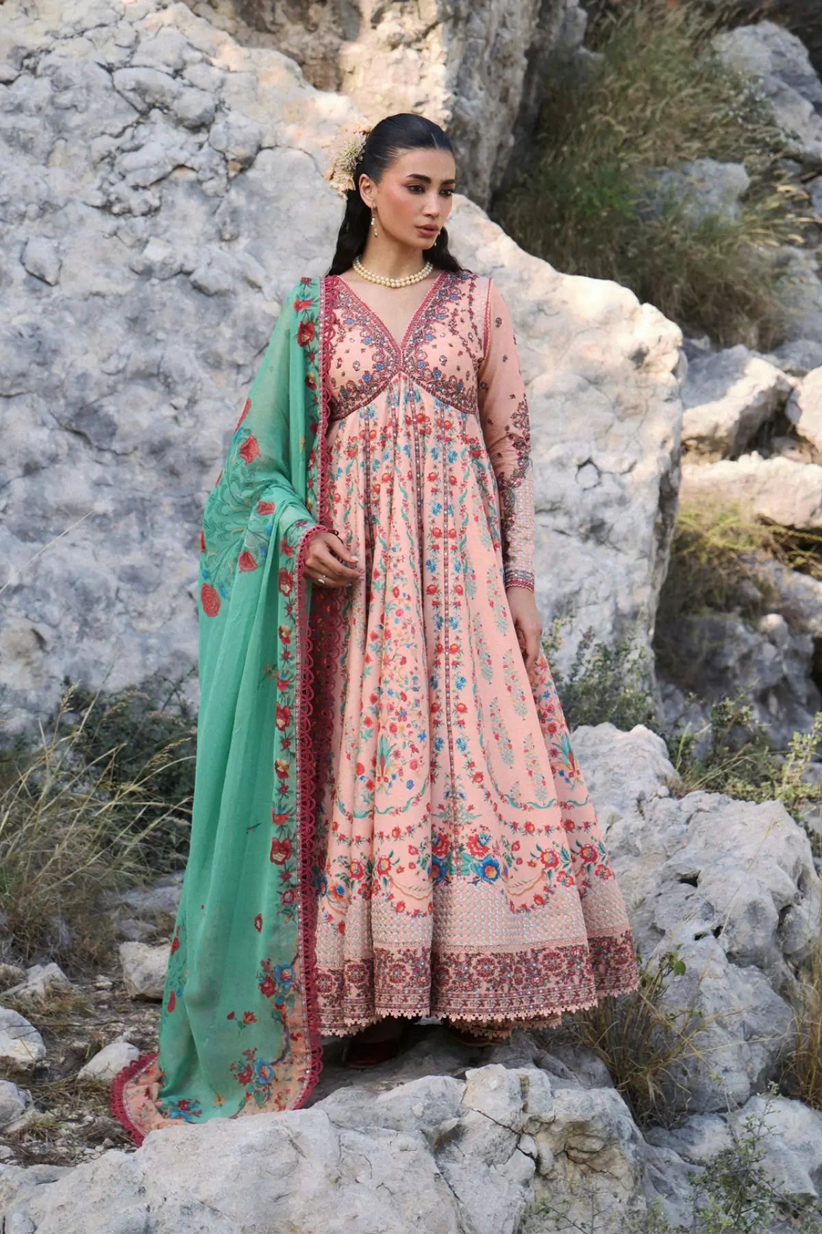 Chitlali Peach Lawn Pishwas with Churidar by Hussain Rehar featuring a printed chiffon dupatta