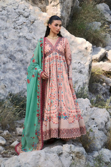 Chitlali Peach Lawn Pishwas with Churidar by Hussain Rehar featuring a printed chiffon dupatta