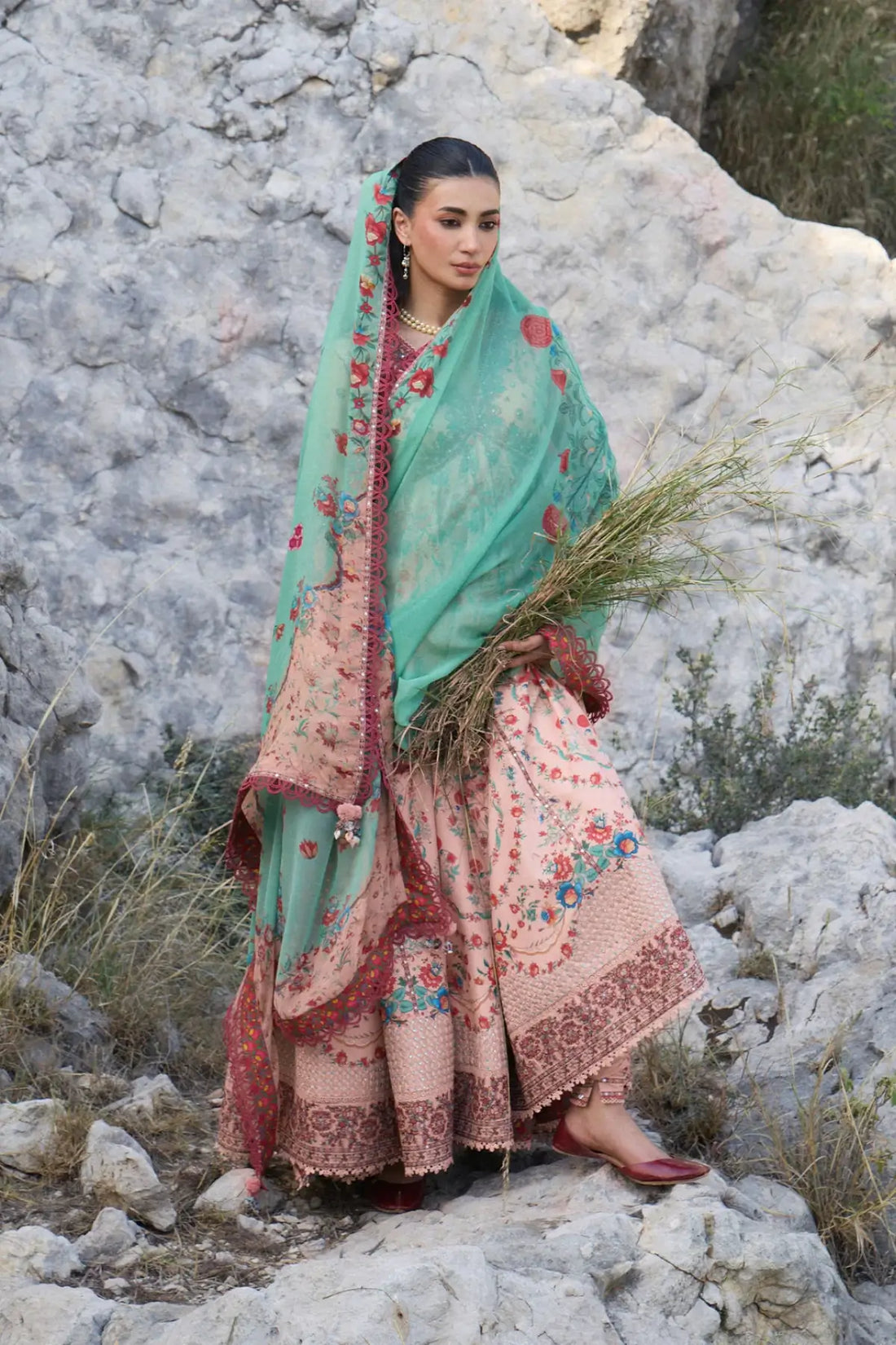 Chitlali Peach Lawn Pishwas with Churidar by Hussain Rehar featuring a printed chiffon dupatta