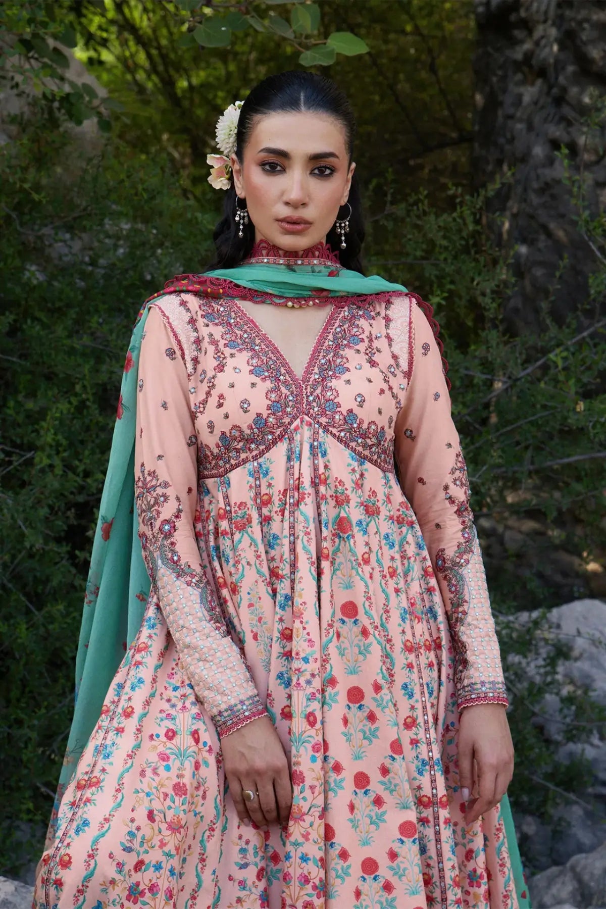 Chitlali Peach Lawn Pishwas with Churidar by Hussain Rehar featuring a printed chiffon dupatta