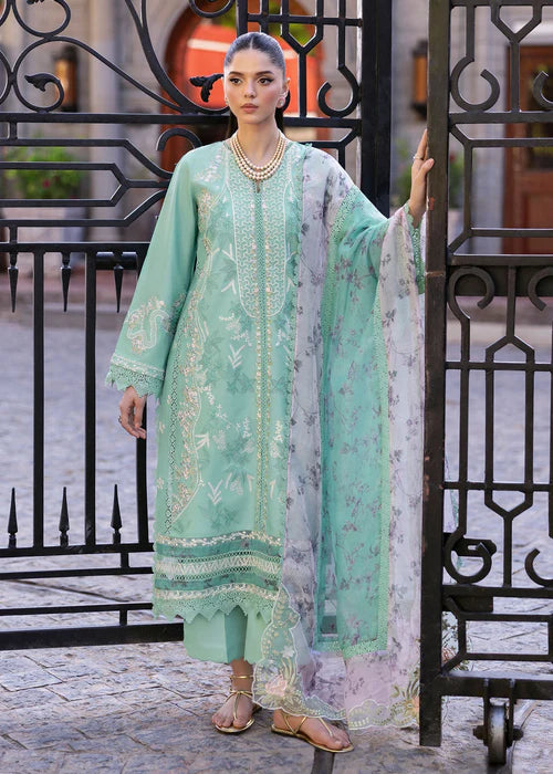Chloe 3-B-Minty Skies Embroidered Lawn Suit with Organza Detailing for Elegant Events & Parties-Saira Shakira