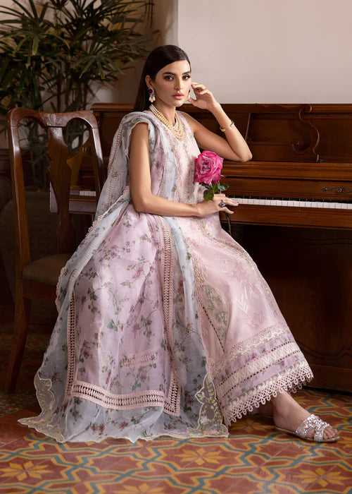 Chloe 3-A Embroidered Lilac Lawn Suit – Elegant Floral Party Wear with Printed Organza Dupatta-US, Canada & UK