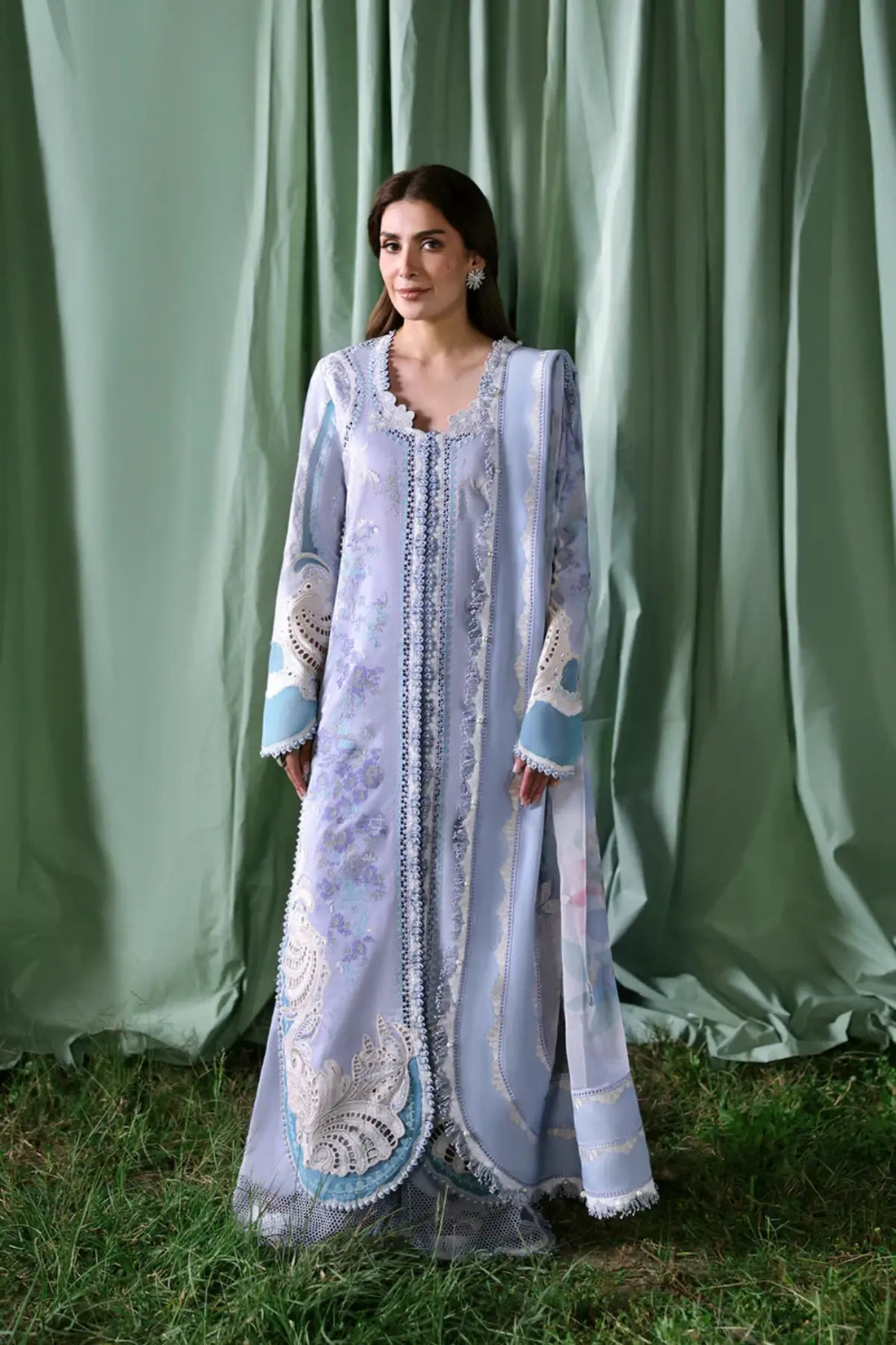 Chloris Afrozeh A Lawn 2026 lilac stitched 3PC suit with embroidered shirt and printed organza dupatta