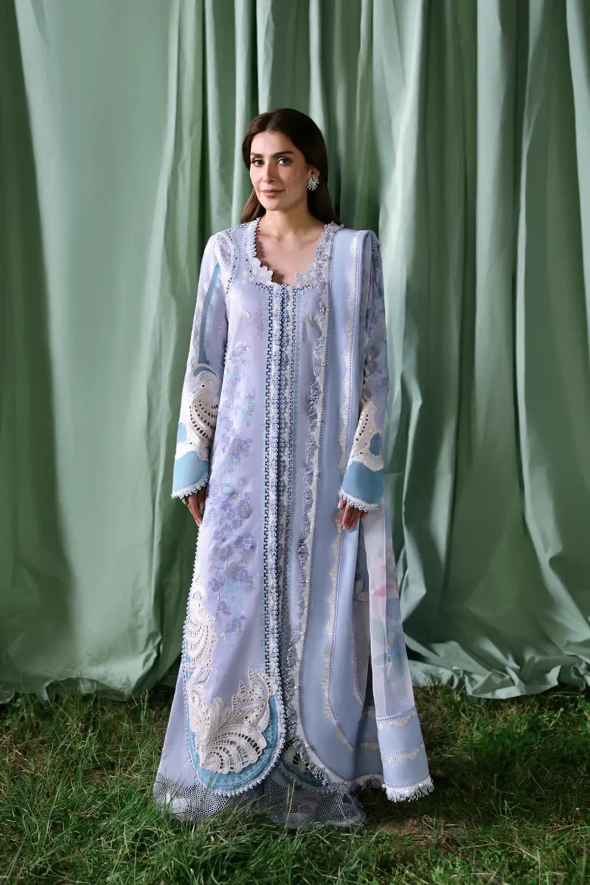 Chloris Afrozeh A Lawn 2026 lilac stitched 3PC suit with embroidered shirt and printed organza dupatta