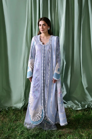 Chloris Afrozeh A Lawn 2026 lilac stitched 3PC suit with embroidered shirt and printed organza dupatta