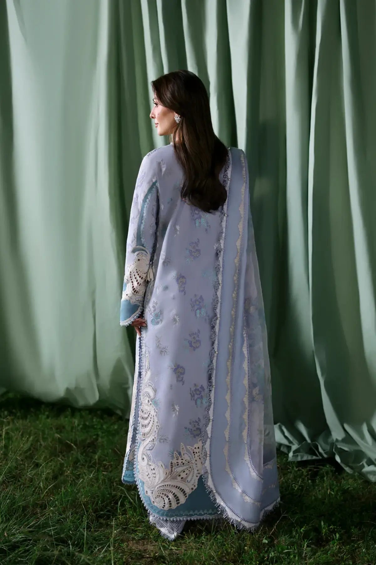 Chloris Afrozeh A Lawn 2026 lilac stitched 3PC suit with embroidered shirt and printed organza dupatta