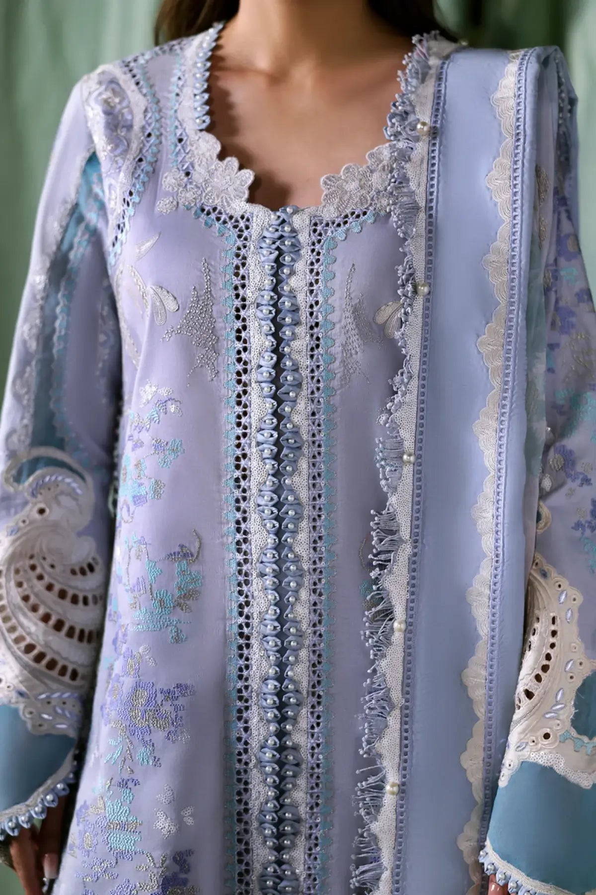 Chloris Afrozeh A Lawn 2026 lilac stitched 3PC suit with embroidered shirt and printed organza dupatta