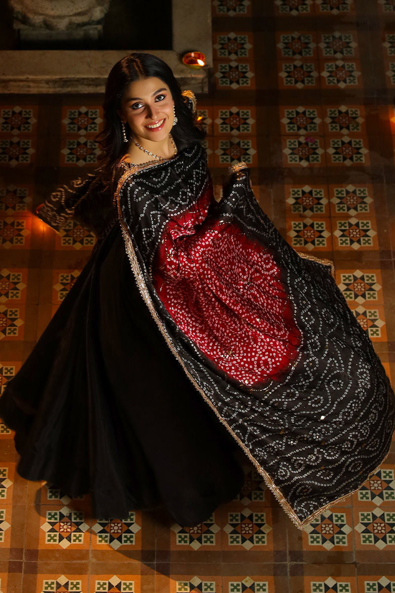 Chunri - Black Silk Long Frock Paired with Chunri Dupatta