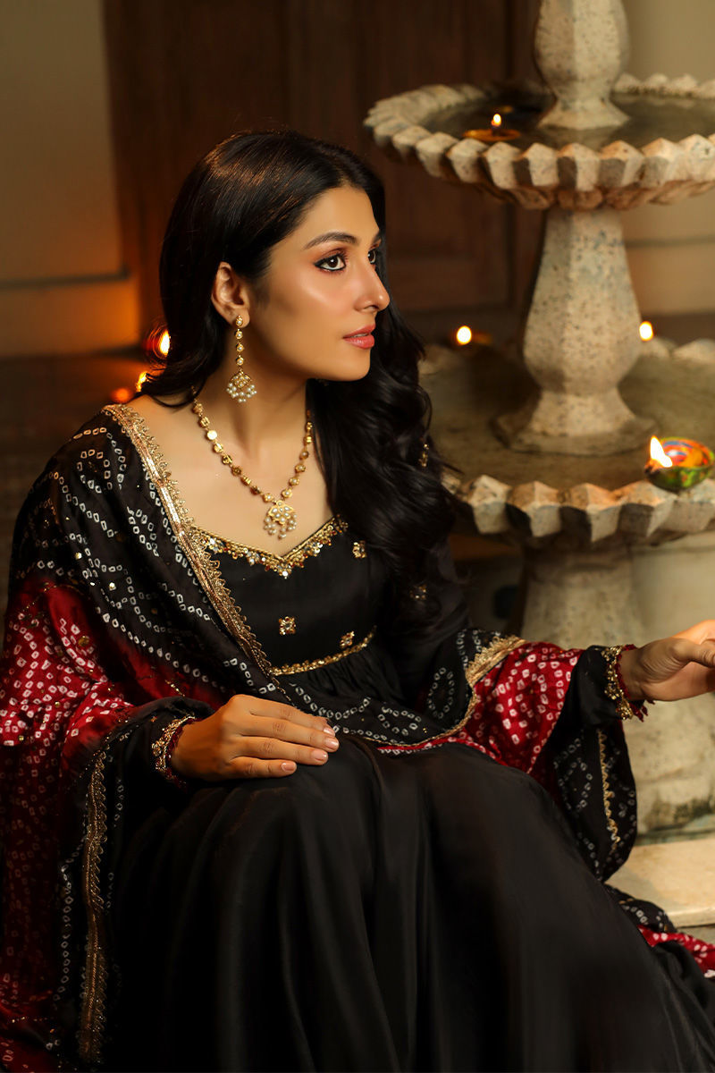 Chunri - Black Silk Long Frock Paired with Chunri Dupatta Chunri - Black Silk Long Frock Paired with Chunri Dupatta