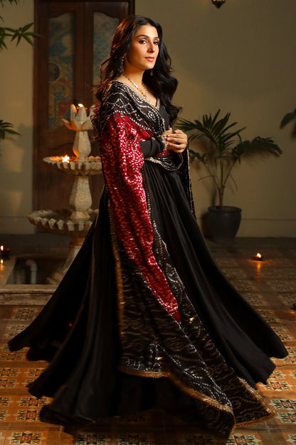 Chunri - Black Silk Long Frock Paired with Chunri Dupatta