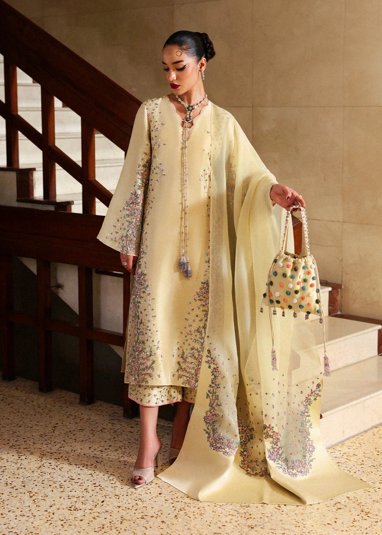 Ciel – Butter yellow raw silk shirt with embroidered organza dupatta and pink-accented culottes – Eid outfit at Pakistanimoda