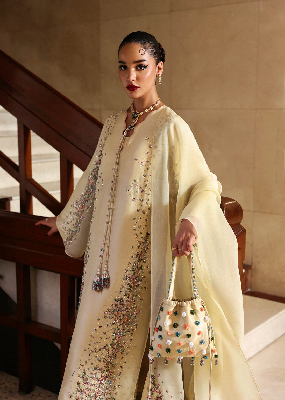 Ciel – Butter yellow raw silk shirt with embroidered organza dupatta and pink-accented culottes – Eid outfit at Pakistanimoda