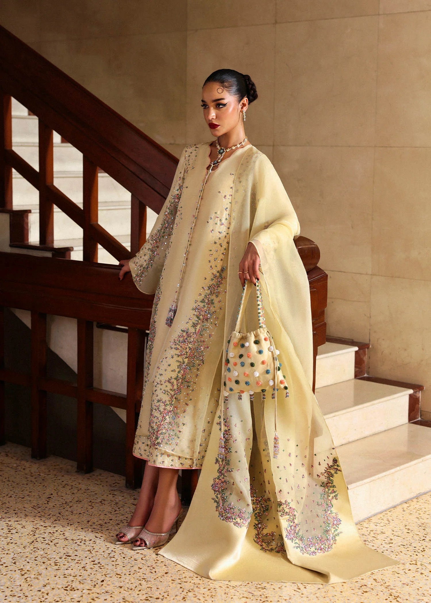 Ciel – Butter yellow raw silk shirt with embroidered organza dupatta and pink-accented culottes – Eid outfit at Pakistanimoda