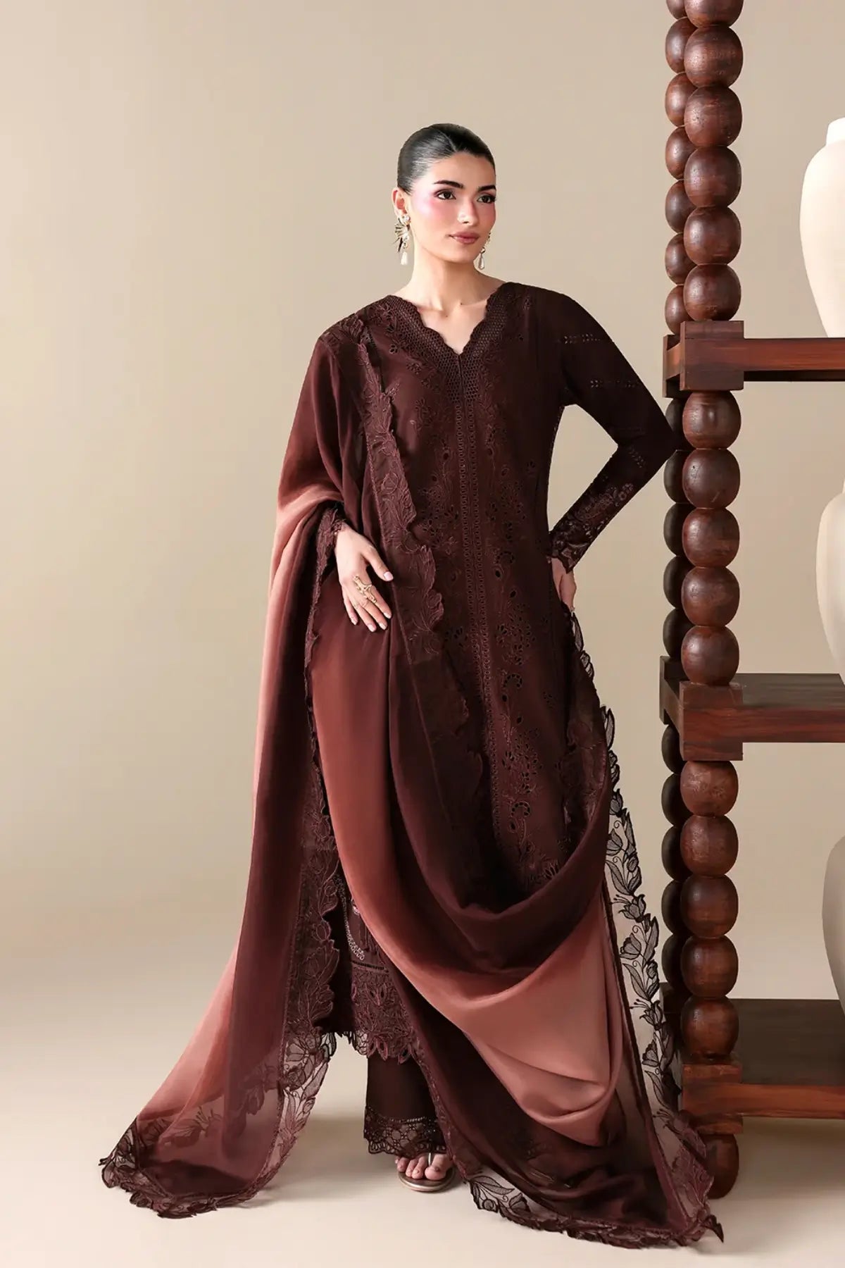 Cinnamon by Azure brown embroidered lawn stitched 3PC suit with tie-dye viscose silk dupatta and trousers