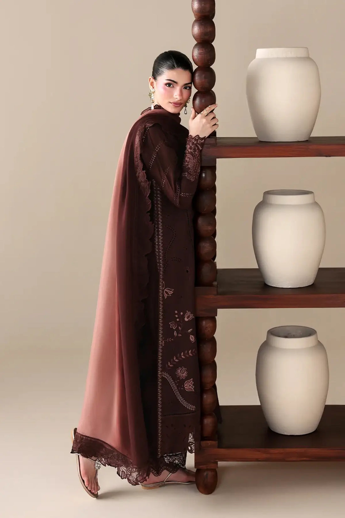 Cinnamon by Azure brown embroidered lawn stitched 3PC suit with tie-dye viscose silk dupatta and trousers