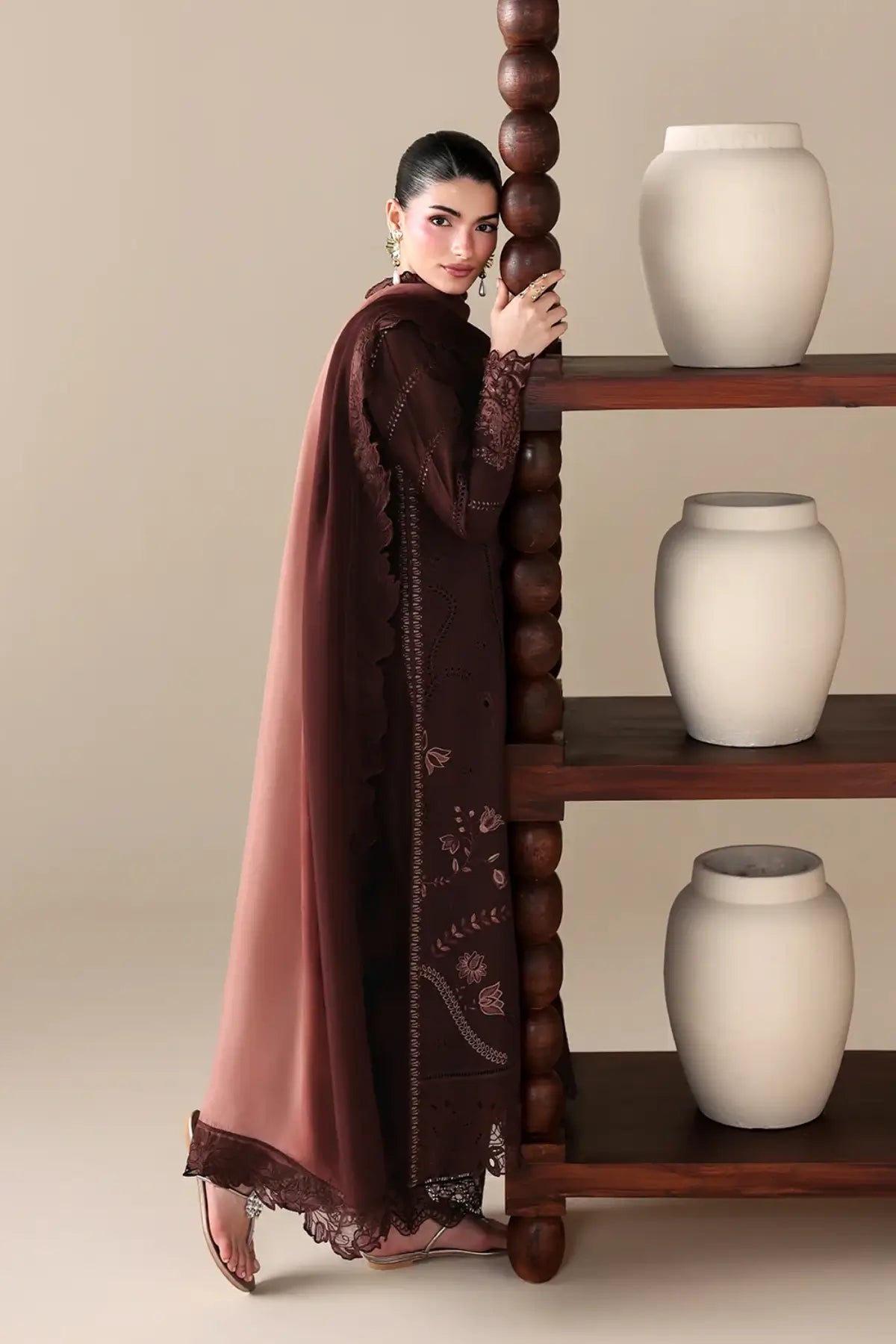 Cinnamon by Azure brown embroidered lawn stitched 3PC suit with tie-dye viscose silk dupatta and trousers