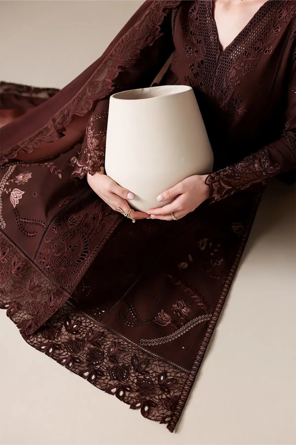 Cinnamon by Azure brown embroidered lawn stitched 3PC suit with tie-dye viscose silk dupatta and trousers