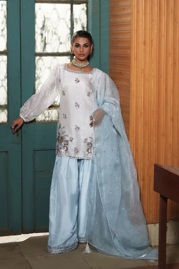 Cloud ivory embroidered silk stitched 3PC suit with wide leg pants and organza dupatta formal outfit Pakistanimoda