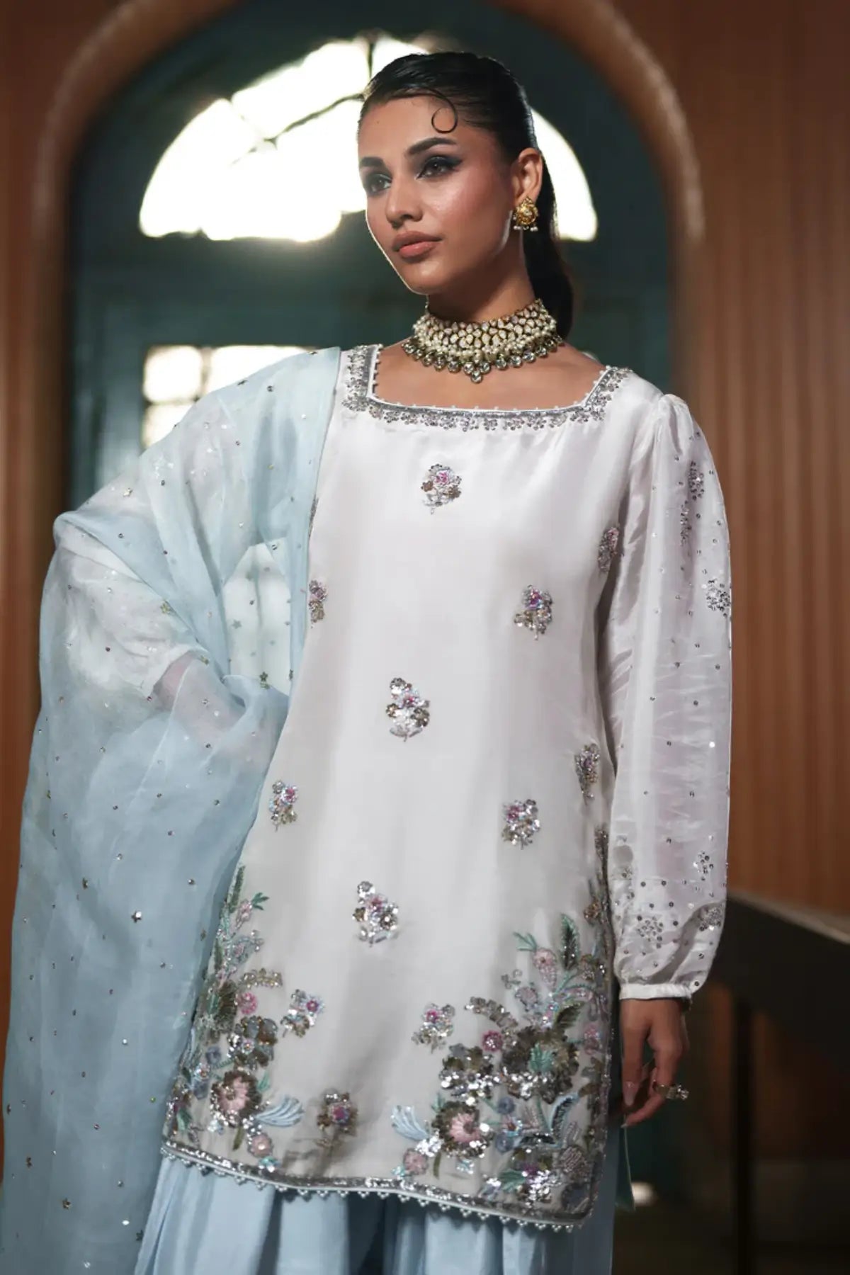 Cloud ivory embroidered silk stitched 3PC suit with wide leg pants and organza dupatta formal outfit Pakistanimoda