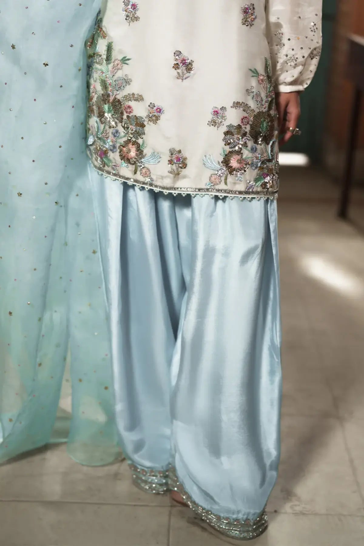 Cloud ivory embroidered silk stitched 3PC suit with wide leg pants and organza dupatta formal outfit Pakistanimoda