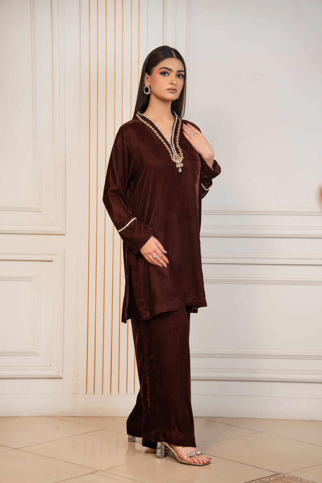 Cocoa Jewel chocolate brown pure velvet winter co-ord set with original stone work neckline by MariamRaj