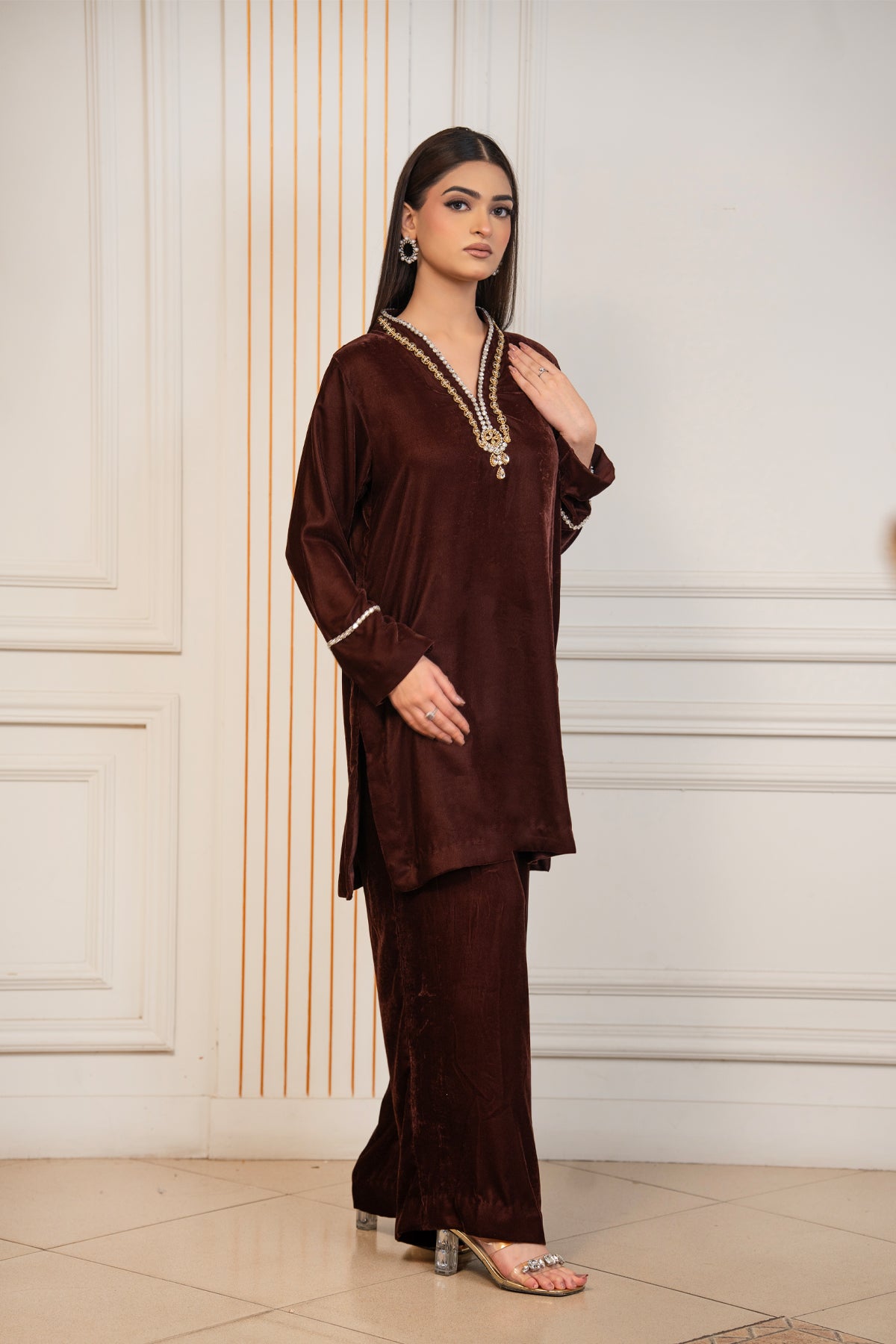 Cocoa Jewel chocolate brown pure velvet winter co-ord set with original stone work neckline by MariamRaj