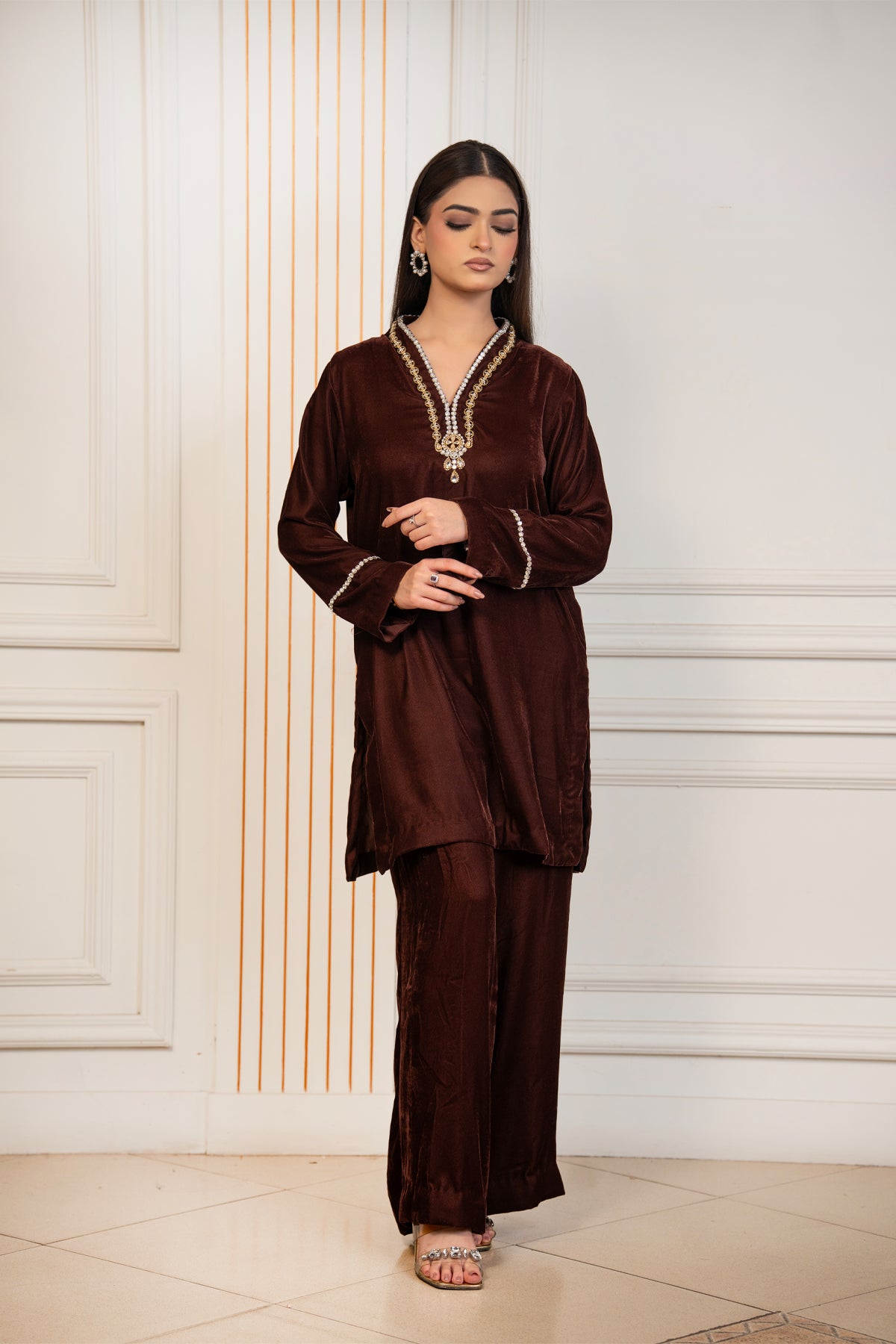 Cocoa Jewel chocolate brown pure velvet winter co-ord set with original stone work neckline by MariamRaj