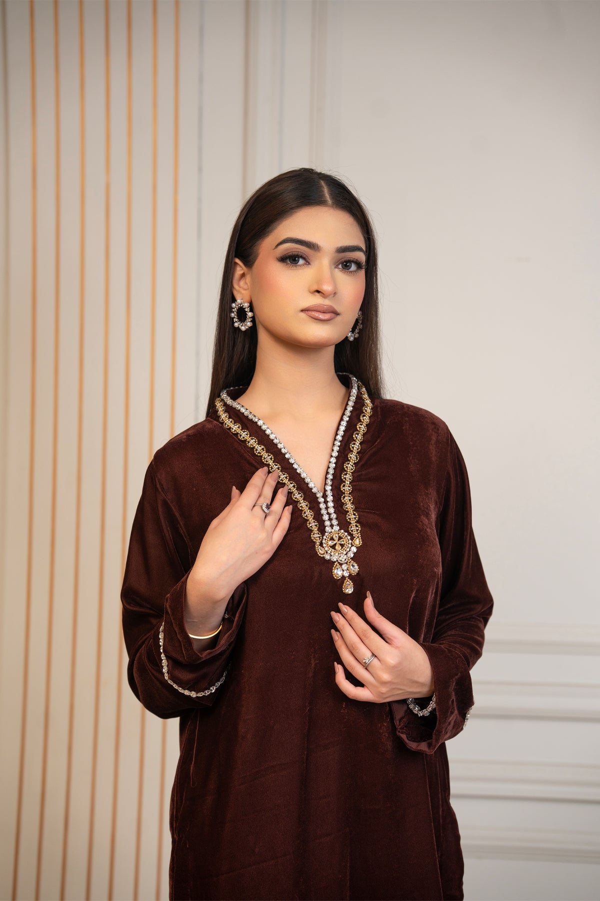 Cocoa Jewel chocolate brown pure velvet winter co-ord set with original stone work neckline by MariamRaj