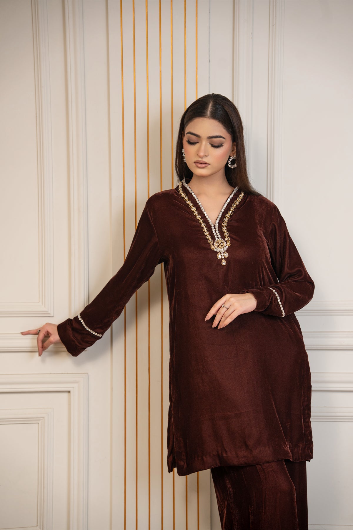 Cocoa Jewel chocolate brown pure velvet winter co-ord set with original stone work neckline by MariamRaj