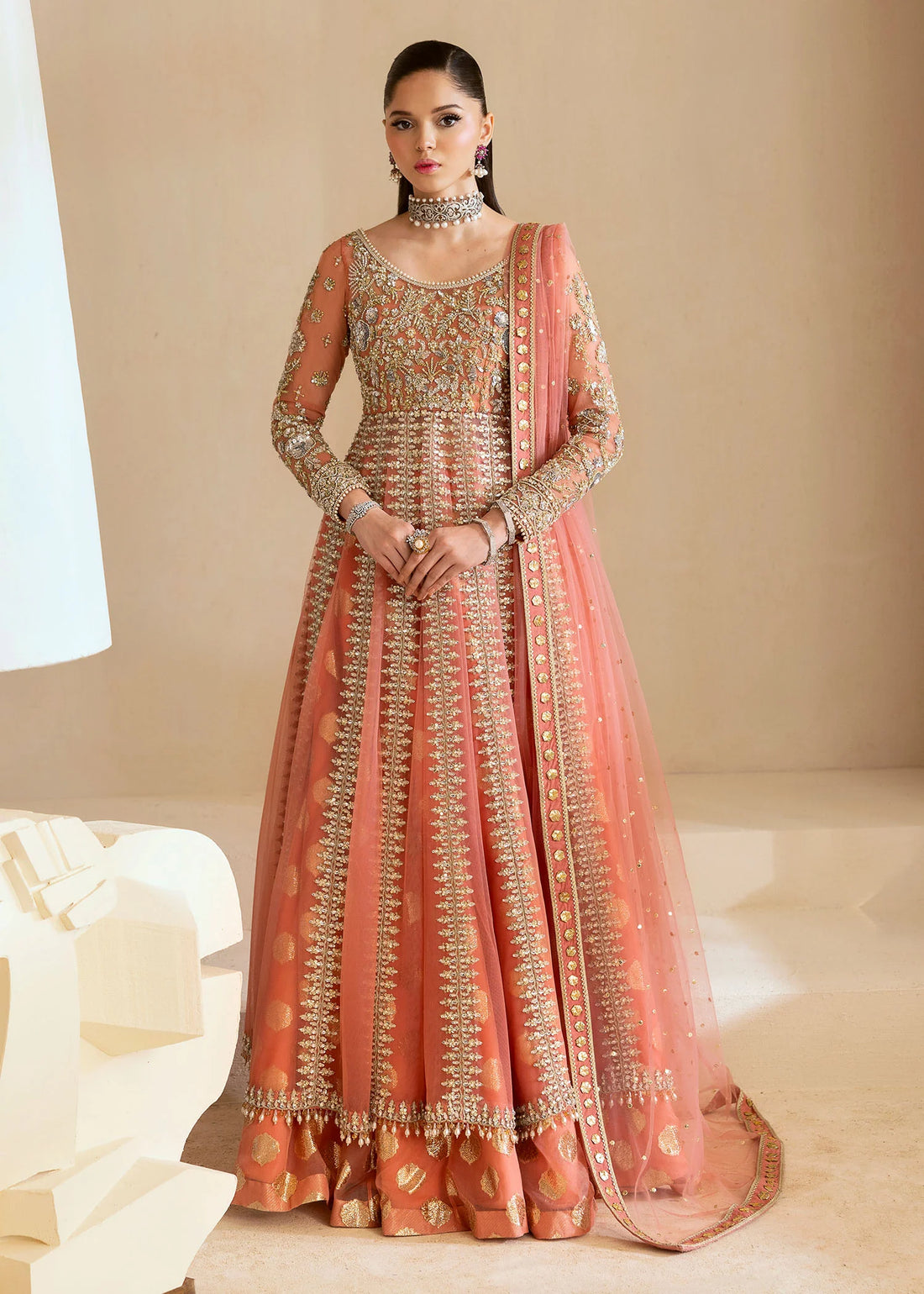 Coral wedding lehenga gown with net dupatta for Pakistani brides – Coral Ombré by Pakistanimoda