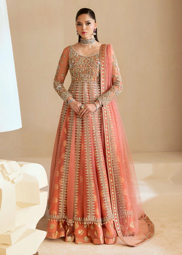 Coral wedding lehenga gown with net dupatta for Pakistani brides – Coral Ombré by Pakistanimoda