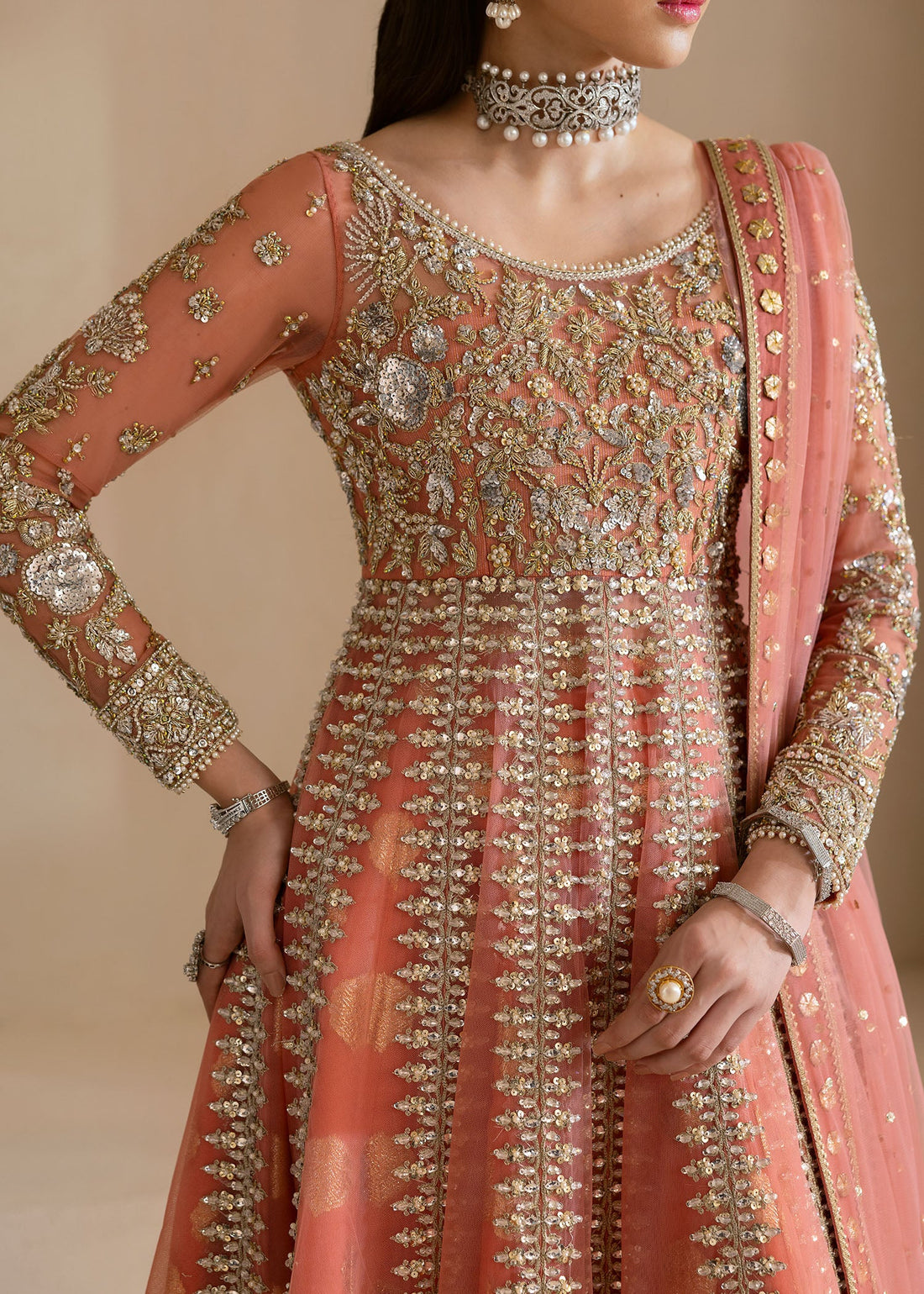 Coral wedding lehenga gown with net dupatta for Pakistani brides – Coral Ombré by Pakistanimoda