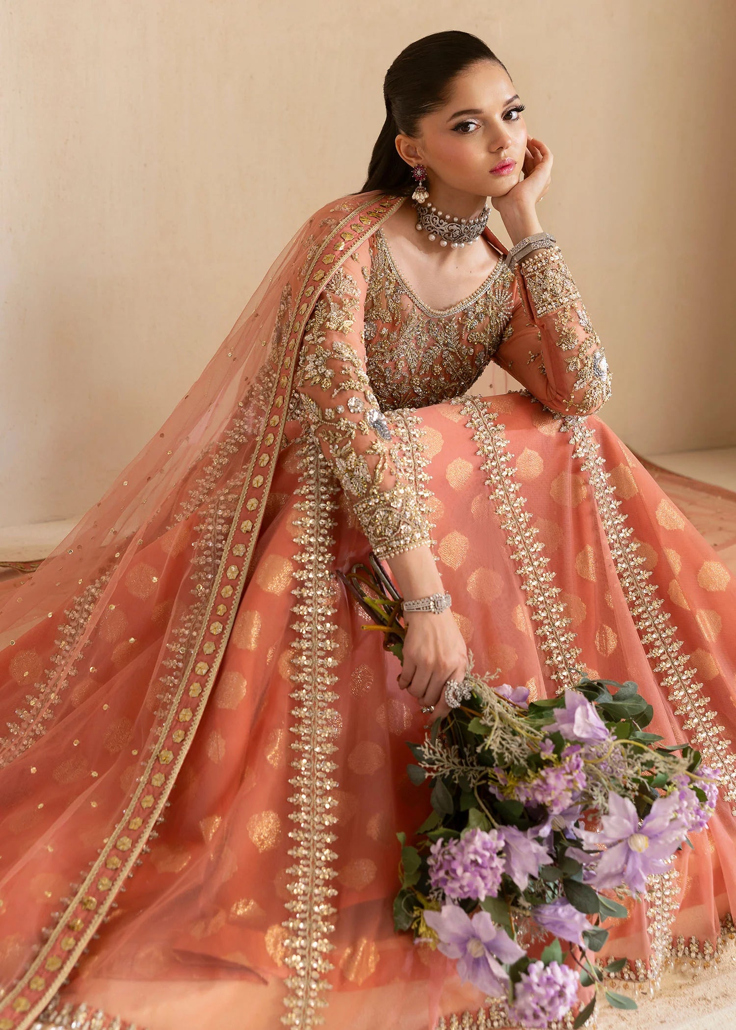 Coral wedding lehenga gown with net dupatta for Pakistani brides – Coral Ombré by Pakistanimoda