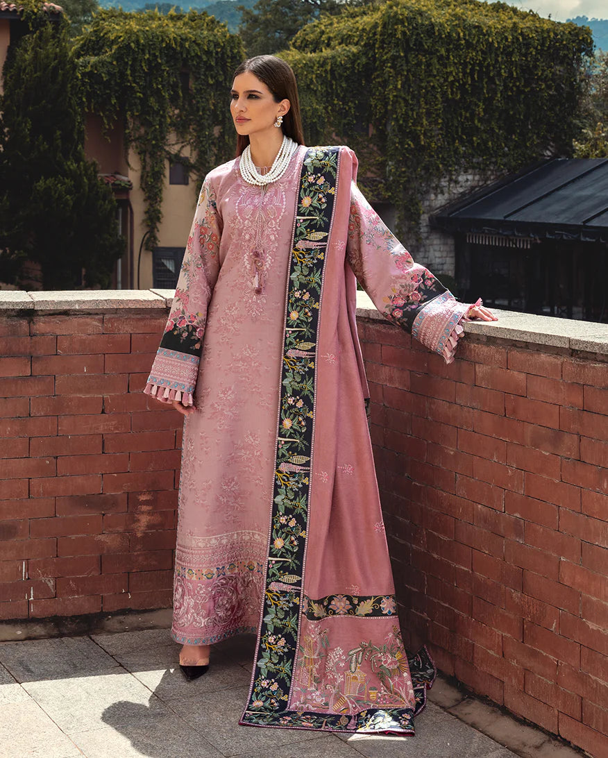Model wearing Mushq Cortona Bloom pink jacquard embroidered winter suit with dobby shawl – Winter Broadway 2025
