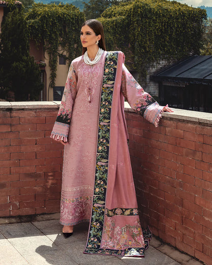 Model wearing Mushq Cortona Bloom pink jacquard embroidered winter suit with dobby shawl – Winter Broadway 2025