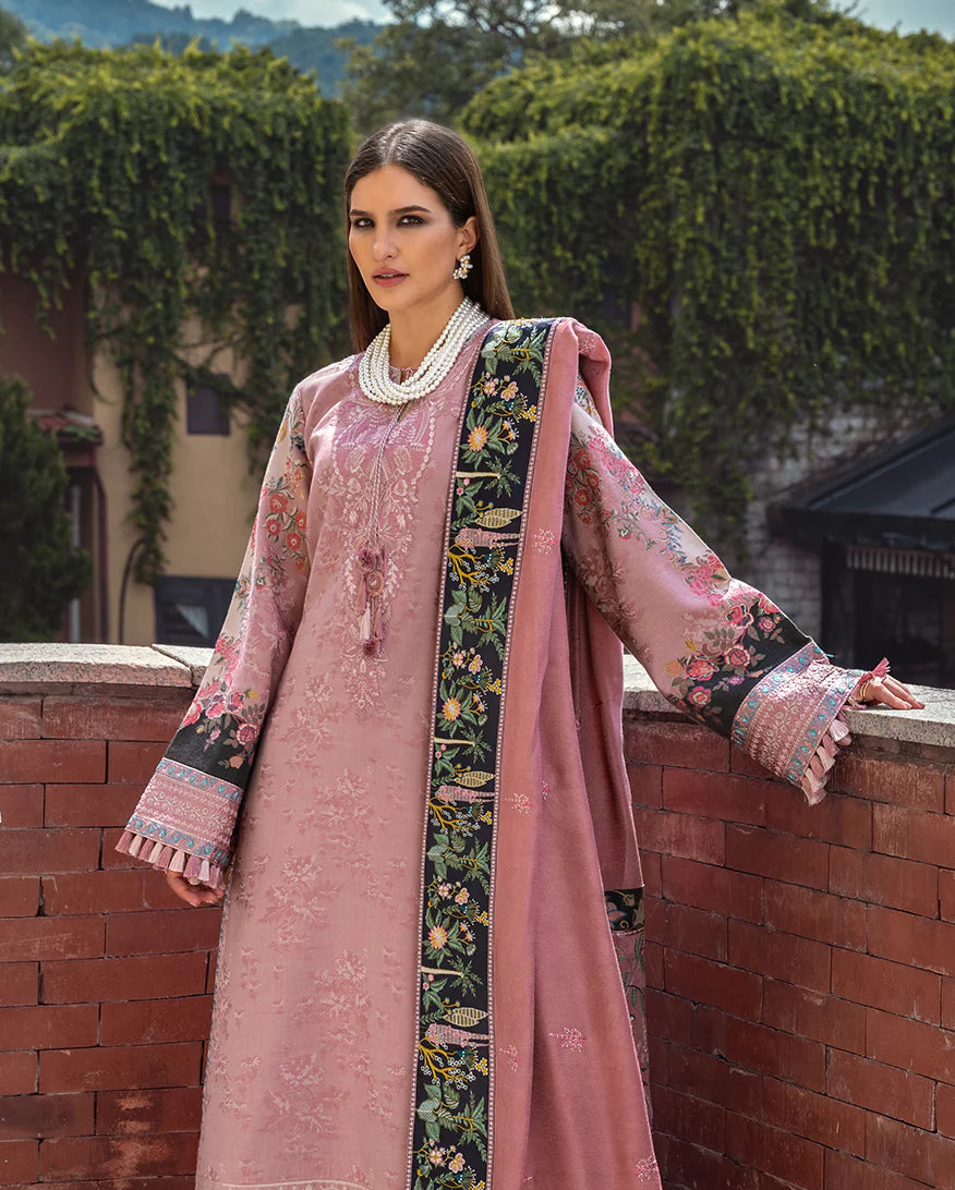 Model wearing Mushq Cortona Bloom pink jacquard embroidered winter suit with dobby shawl – Winter Broadway 2025