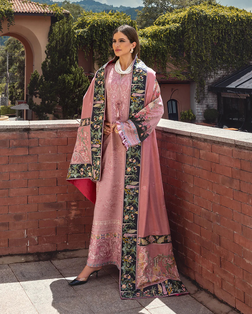 Model wearing Mushq Cortona Bloom pink jacquard embroidered winter suit with dobby shawl – Winter Broadway 2025