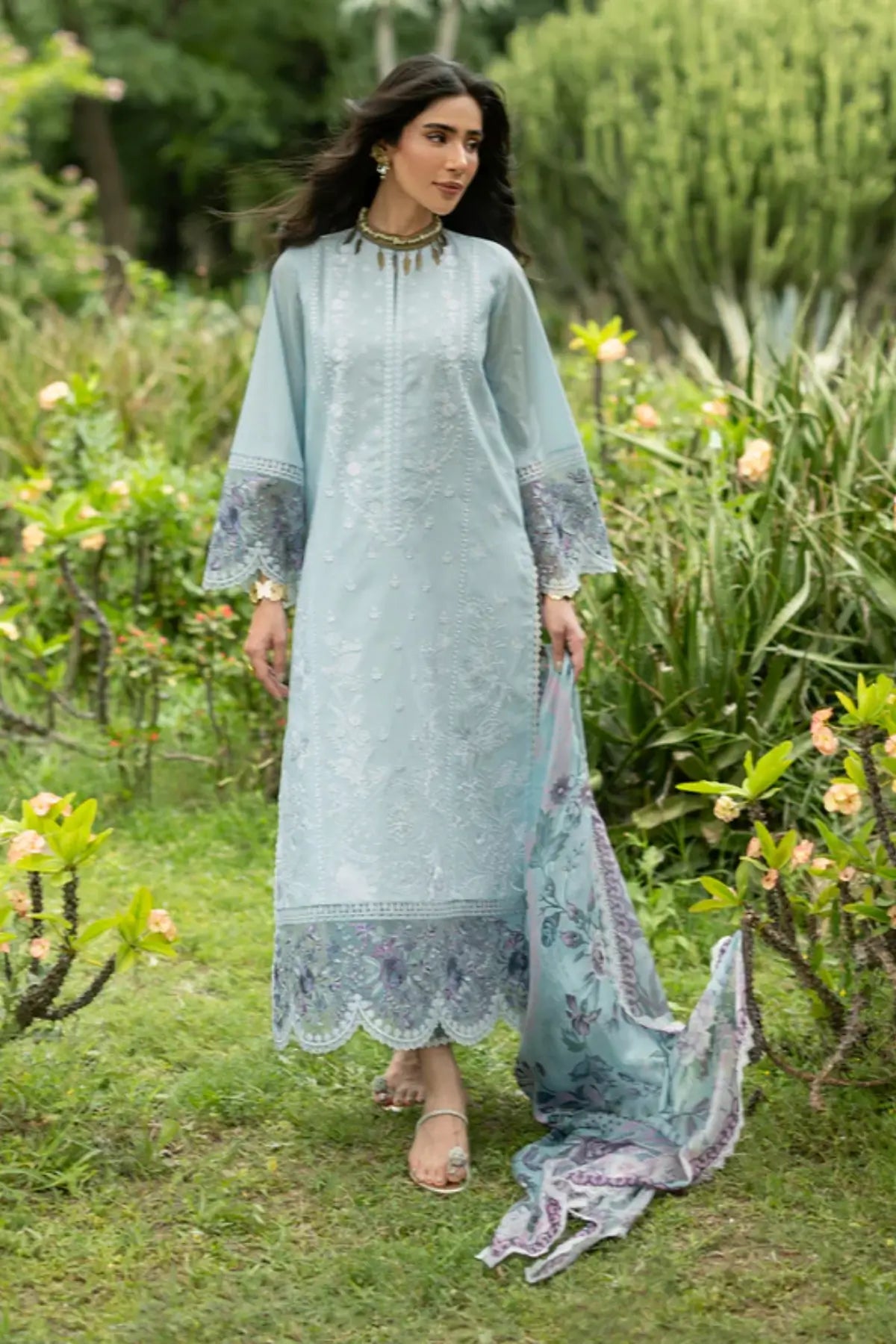 Cove 06 powder blue stitched lawn 3PC suit with silk dupatta by Zainab Chottani Pakistanimoda