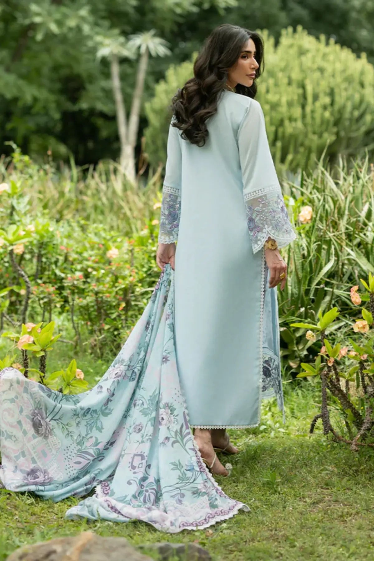 Cove 06 powder blue stitched lawn 3PC suit with silk dupatta by Zainab Chottani Pakistanimoda