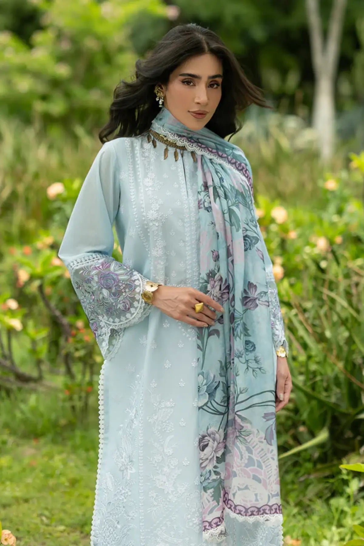 Cove 06 powder blue stitched lawn 3PC suit with silk dupatta by Zainab Chottani Pakistanimoda