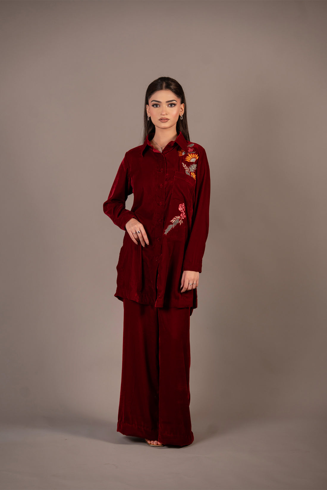 Crimson Flora maroon pure velvet button-down co-ord set with multicolour floral embroidery by MariamRaj