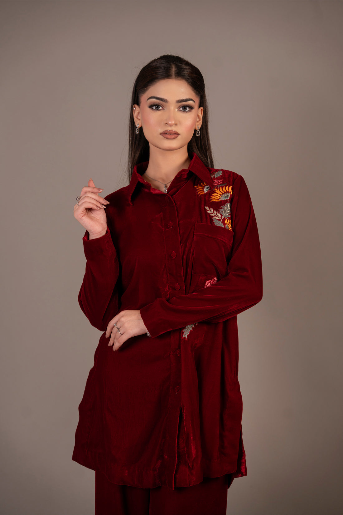 Crimson Flora maroon pure velvet button-down co-ord set with multicolour floral embroidery by MariamRaj
