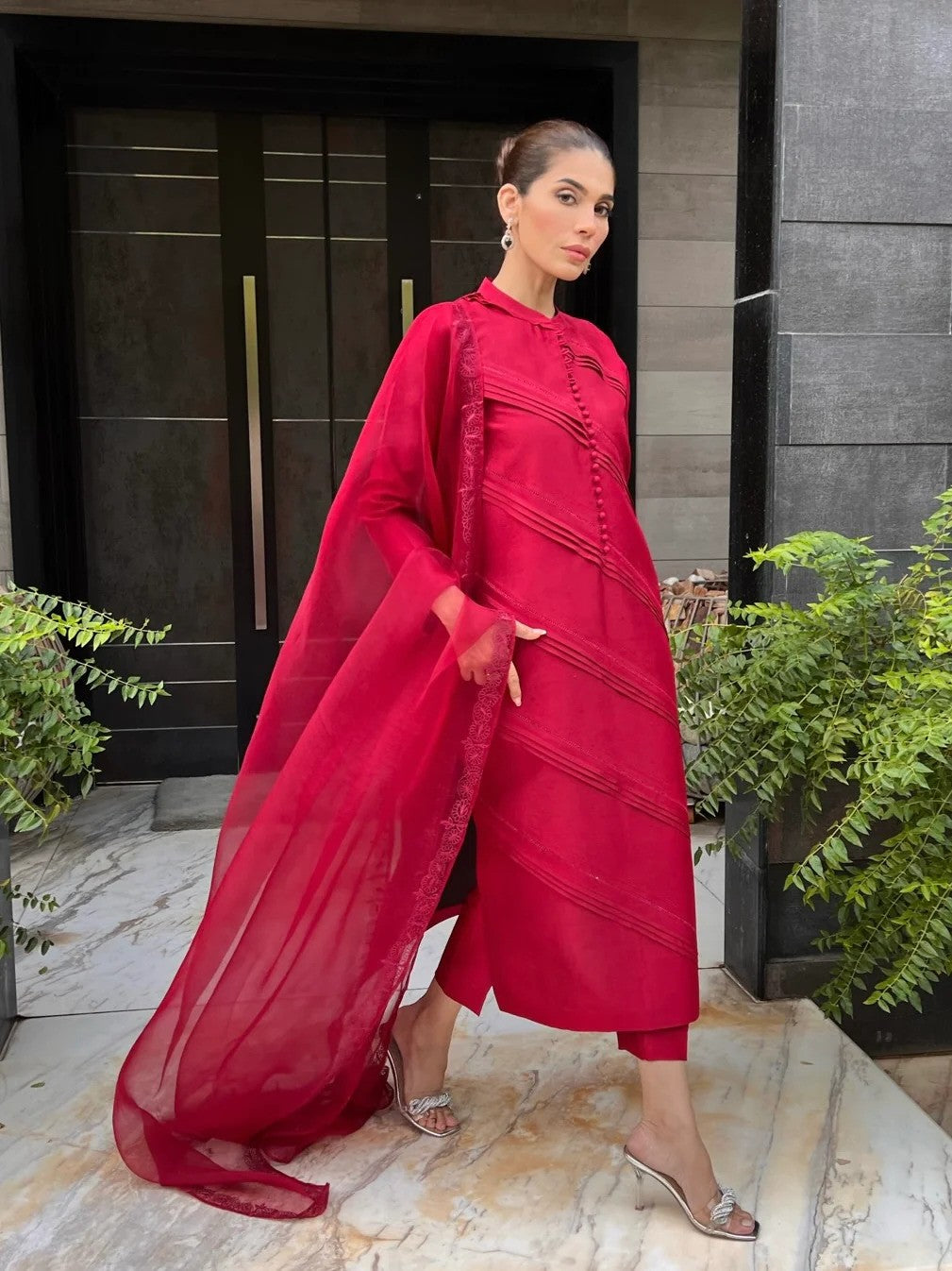 Crimson Allure - Silk Trouser Shirt