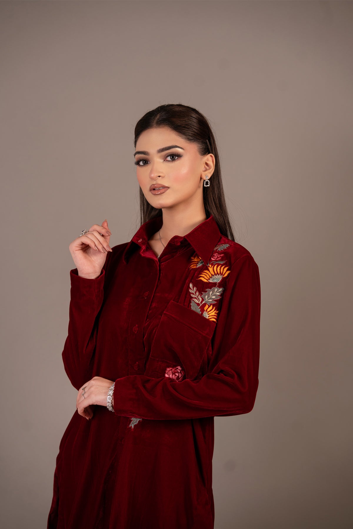 Crimson Flora maroon pure velvet button-down co-ord set with multicolour floral embroidery by MariamRaj