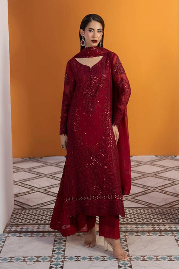 Crimson Gulaal Maeri Luxury Chiffon Red Stitched 3PC Suit with embroidered chiffon shirt, sequinned dupatta and raw silk trousers