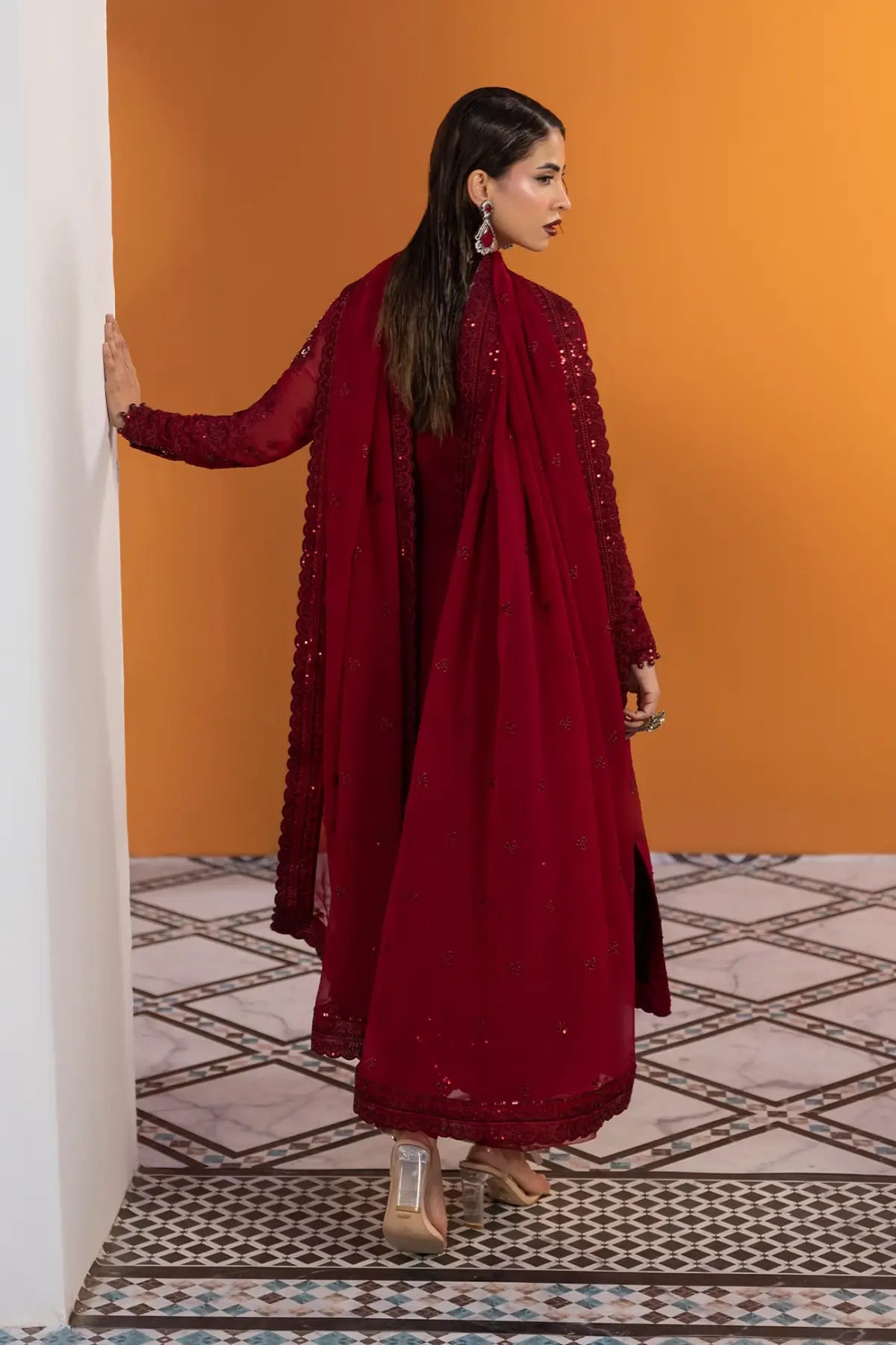 Crimson Gulaal Maeri Luxury Chiffon Red Stitched 3PC Suit with embroidered chiffon shirt, sequinned dupatta and raw silk trousers