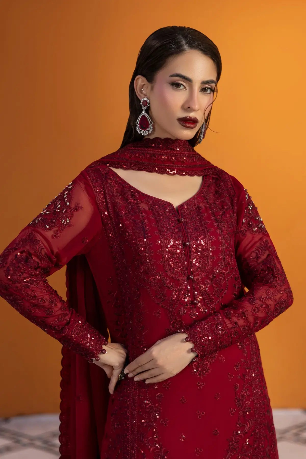 Crimson Gulaal Maeri Luxury Chiffon Red Stitched 3PC Suit with embroidered chiffon shirt, sequinned dupatta and raw silk trousers