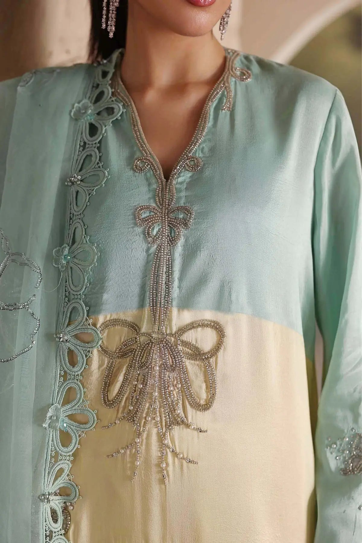 Crystal Mint aqua and off-white embroidered raw silk stitched wedding suit with pearl embellishments and organza dupatta by Maria.B